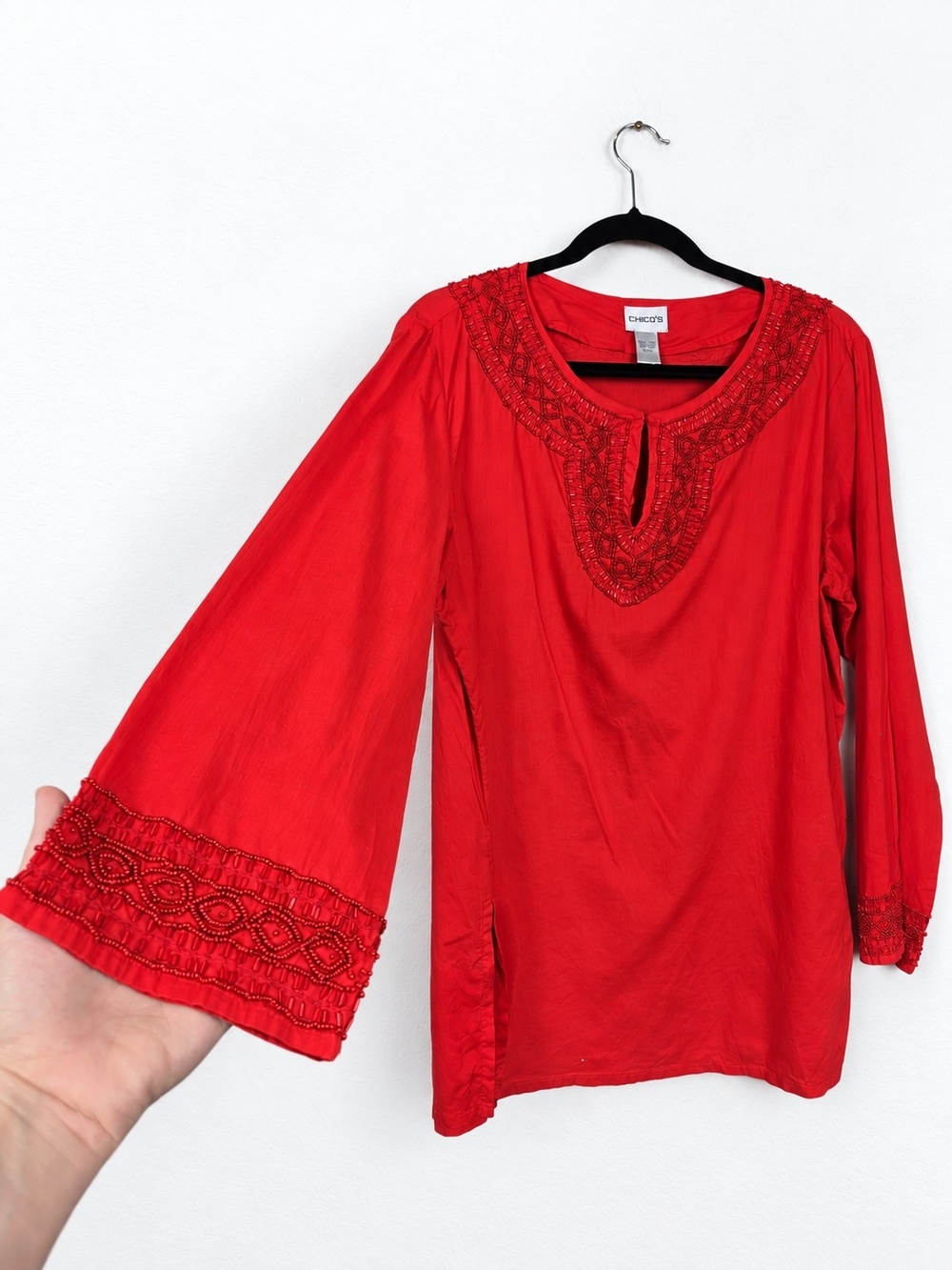Chico's Size 2 L Red 100% Cotton Beaded Tunic Blouse Boho Embellished